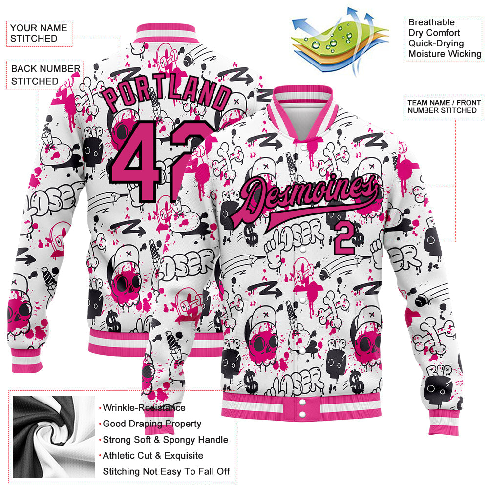 Custom Graffiti Pattern Pink-Black Abstract Grunge Art 3D Bomber Full-Snap Varsity Letterman Jacket view 5