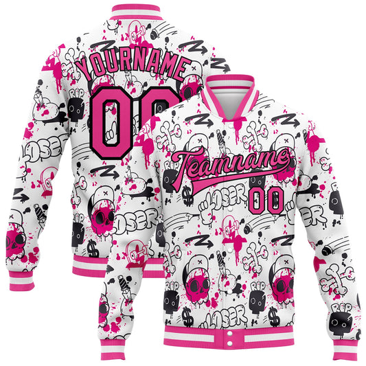 Custom Graffiti Pattern Pink-Black Abstract Grunge Art 3D Bomber Full-Snap Varsity Letterman Jacket - Main View