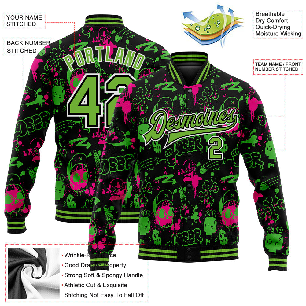 Custom Graffiti Pattern Neon Green-Black Abstract Grunge Art 3D Bomber Full-Snap Varsity Letterman Jacket view 5