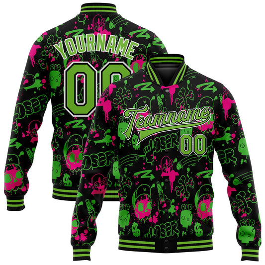 Custom Graffiti Pattern Neon Green-Black Abstract Grunge Art 3D Bomber Full-Snap Varsity Letterman Jacket - Main View