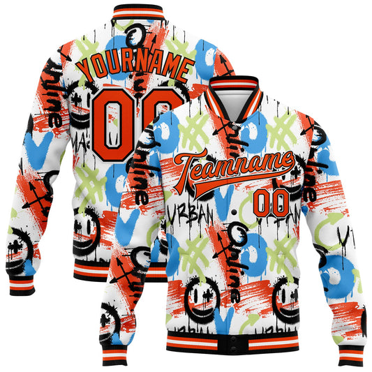Custom Graffiti Pattern Orange-Black Abstract Grunge Art 3D Bomber Full-Snap Varsity Letterman Jacket - Main View