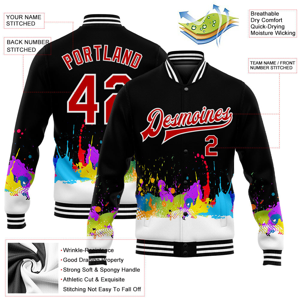Custom Graffiti Pattern Red-White Splashes 3D Bomber Full-Snap Varsity Letterman Jacket view 5