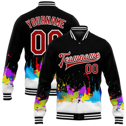 Custom Graffiti Pattern Red-White Splashes 3D Bomber Full-Snap Varsity Letterman Jacket - Main View