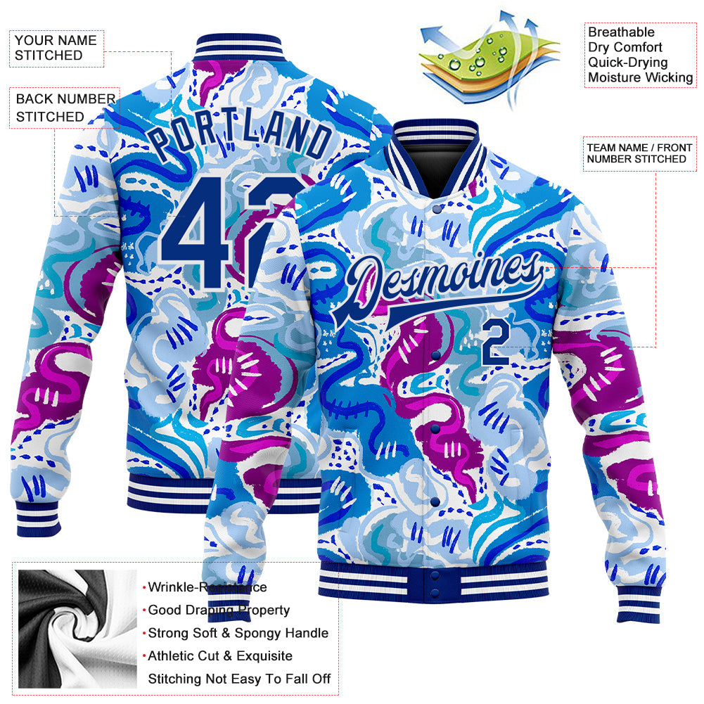 Custom Graffiti Pattern Royal-White Abstract Hand Drawn 3D Bomber Full-Snap Varsity Letterman Jacket view 5