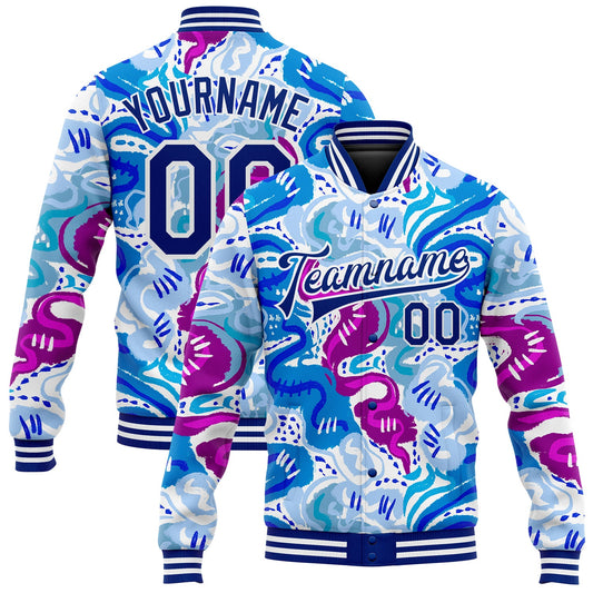 Custom Graffiti Pattern Royal-White Abstract Hand Drawn 3D Bomber Full-Snap Varsity Letterman Jacket - Main View