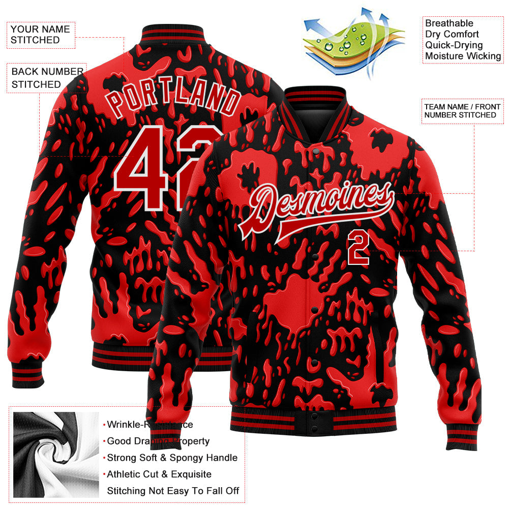 Custom Graffiti Pattern Red-White Hand Painted Blood Handprint 3D Bomber Full-Snap Varsity Letterman Jacket view 5