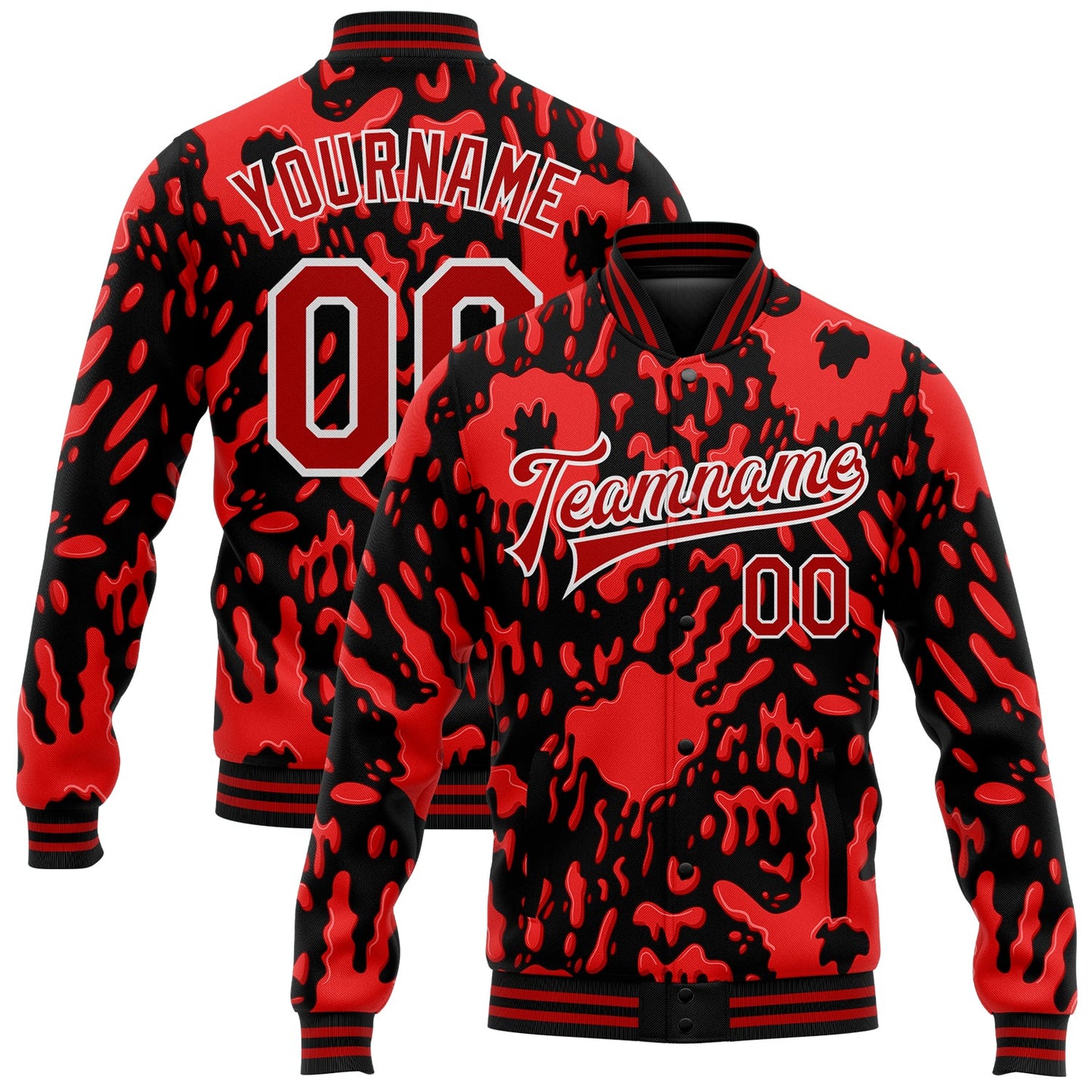 Custom Graffiti Pattern Red-White Hand Painted Blood Handprint 3D Bomber Full-Snap Varsity Letterman Jacket - Main View