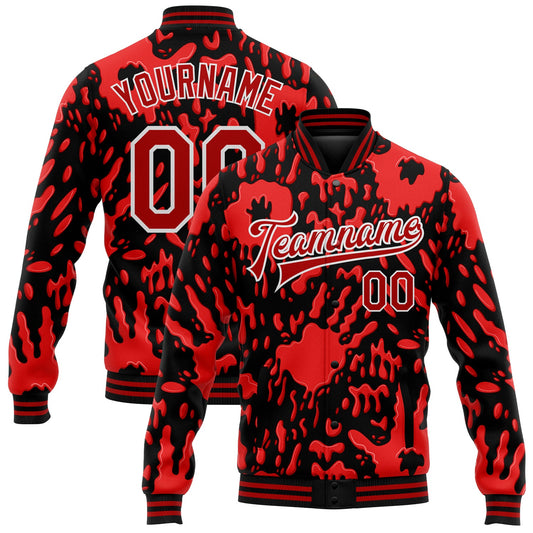 Custom Graffiti Pattern Red-White Hand Painted Blood Handprint 3D Bomber Full-Snap Varsity Letterman Jacket - Main View