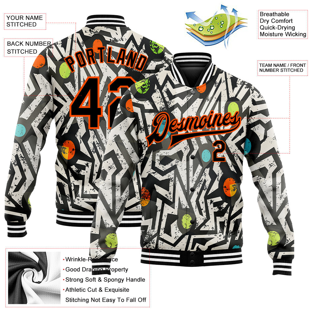 Custom Graffiti Pattern Black-Orange Modern Geometric Grunge Art 3D Bomber Full-Snap Varsity Letterman Jacket view 5
