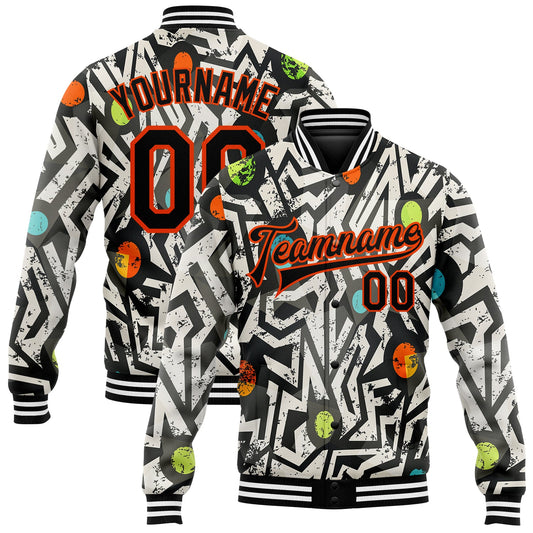 Custom Graffiti Pattern Black-Orange Modern Geometric Grunge Art 3D Bomber Full-Snap Varsity Letterman Jacket - Main View