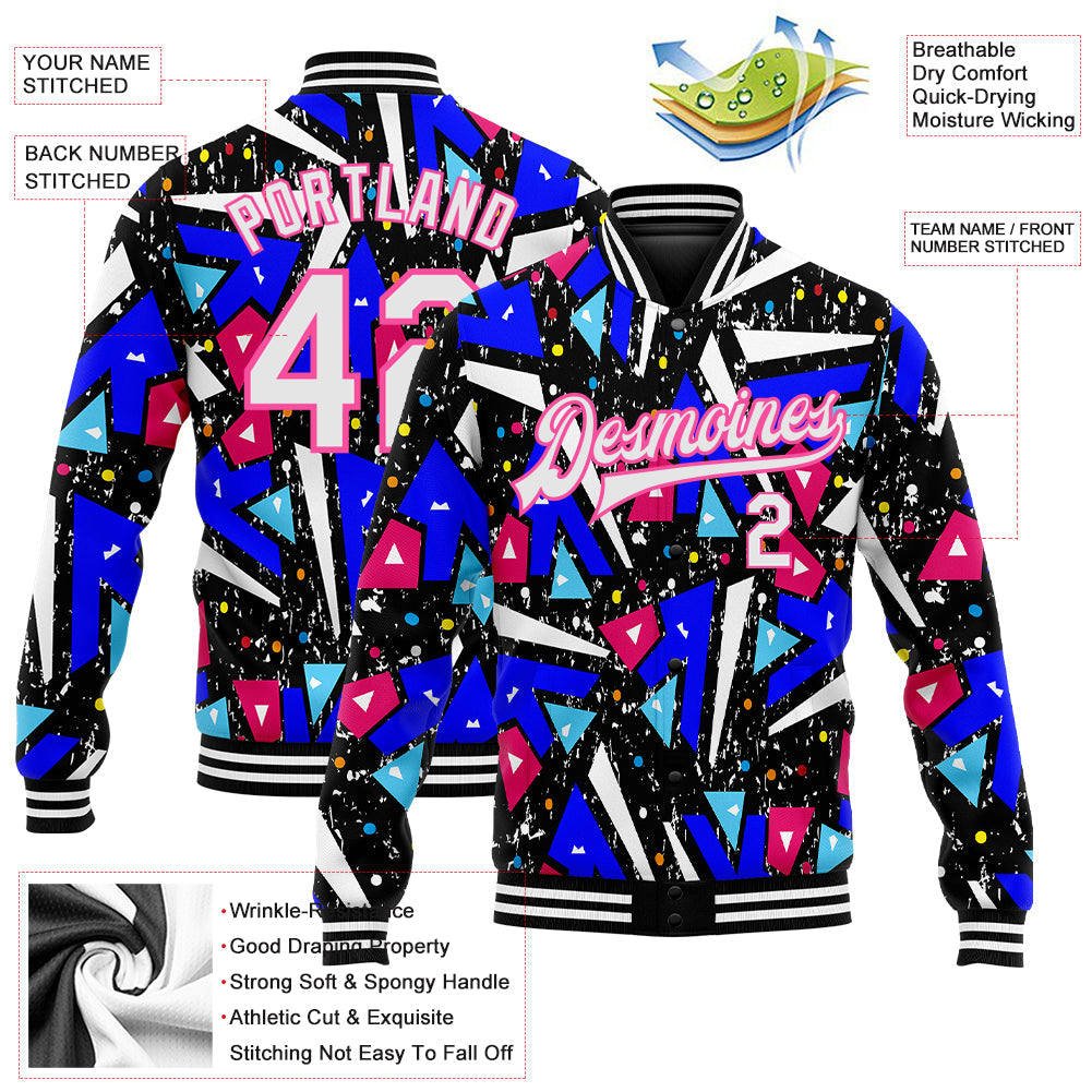 Custom Graffiti Pattern White-Pink Modern Geometric Grunge Art 3D Bomber Full-Snap Varsity Letterman Jacket view 5