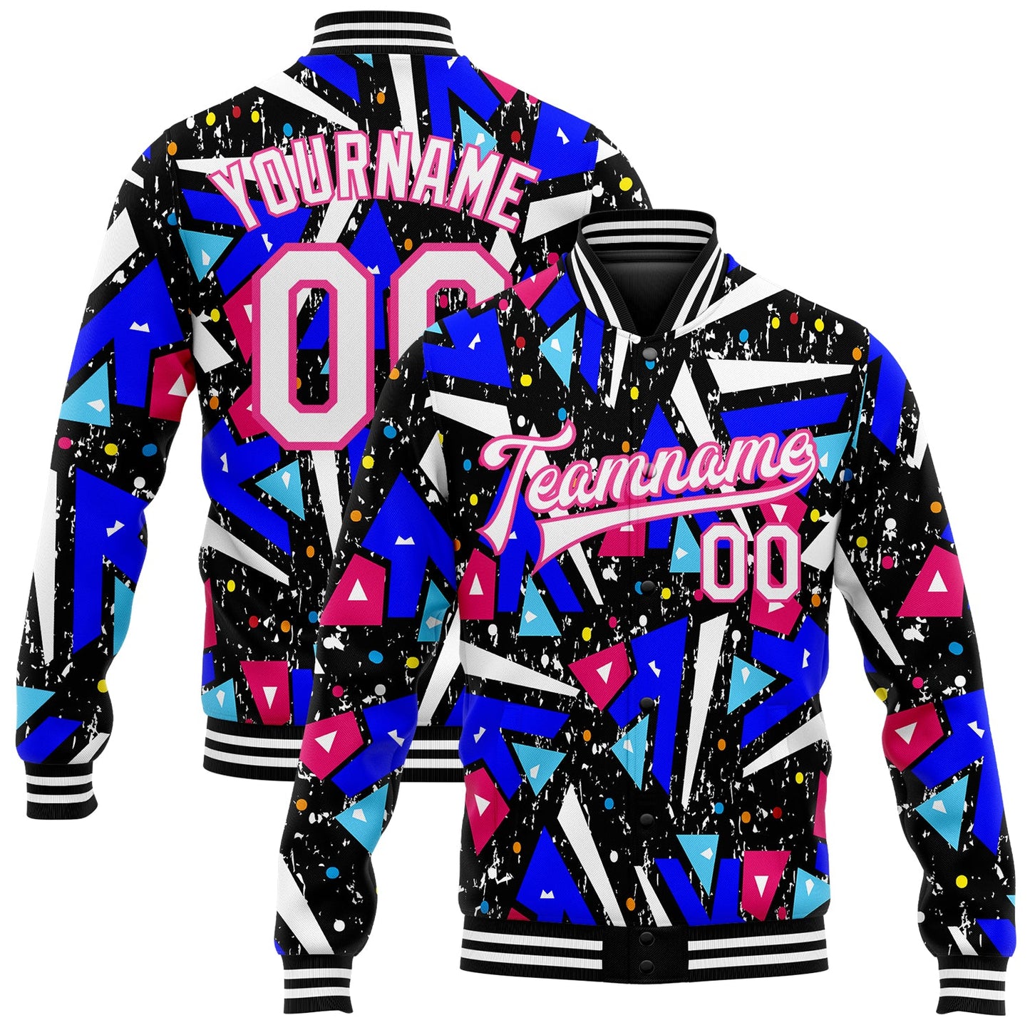Custom Graffiti Pattern White-Pink Modern Geometric Grunge Art 3D Bomber Full-Snap Varsity Letterman Jacket - Main View