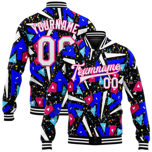 Custom Graffiti Pattern White-Pink Modern Geometric Grunge Art 3D Bomber Full-Snap Varsity Letterman Jacket - Main View