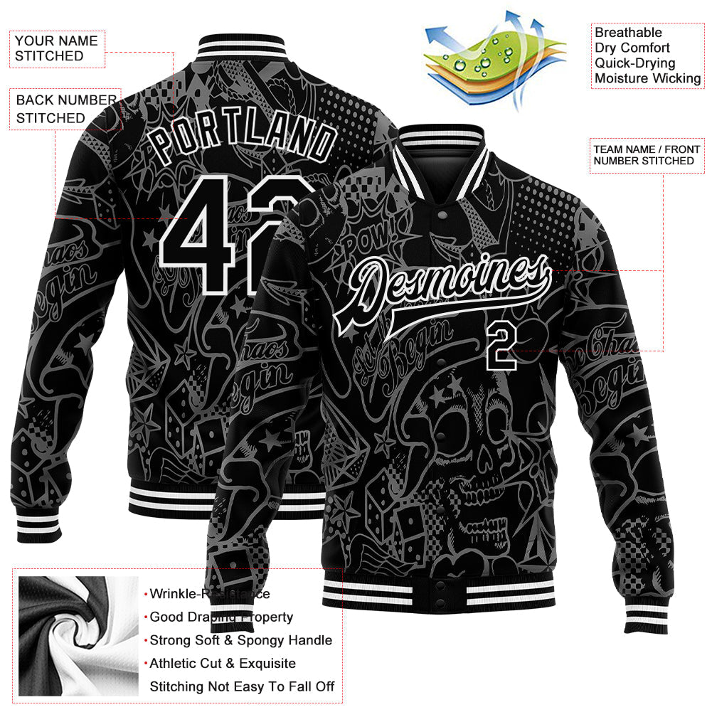 Custom Graffiti Pattern Black-White Skull Fashion 3D Bomber Full-Snap Varsity Letterman Jacket view 5