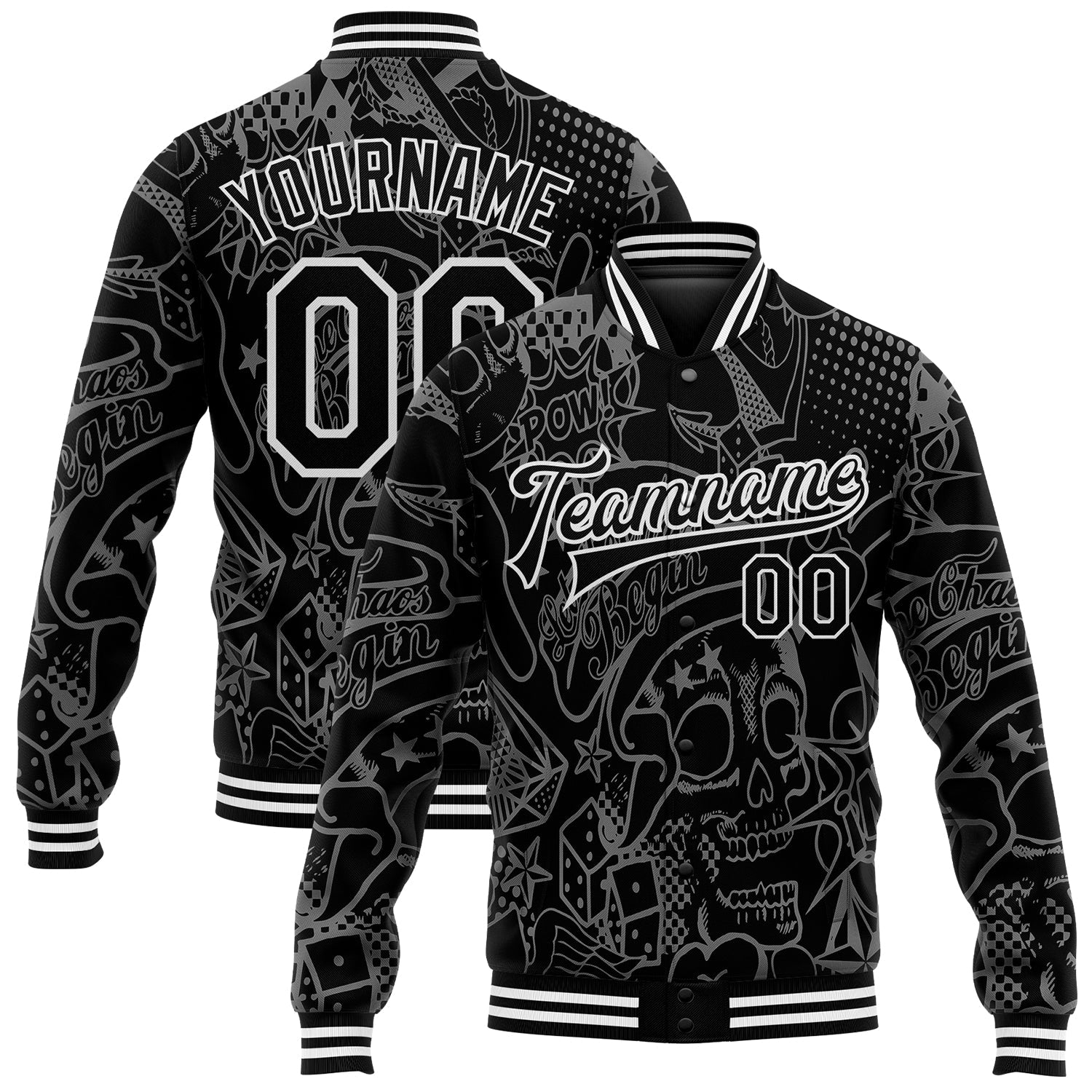 Custom Graffiti Pattern Black-White Skull Fashion 3D Bomber Full-Snap Varsity Letterman Jacket - Main View