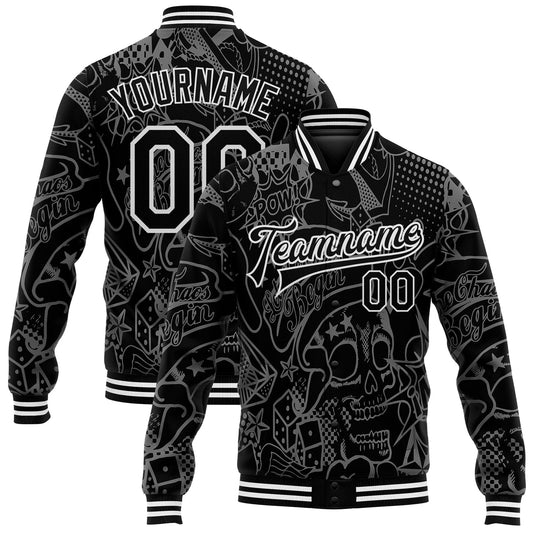 Custom Graffiti Pattern Black-White Skull Fashion 3D Bomber Full-Snap Varsity Letterman Jacket - Main View