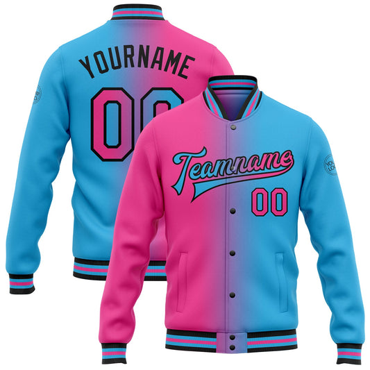 Custom Sky Blue Pink-Black Bomber Full-Snap Varsity Letterman Gradient Fashion Jacket - Main View