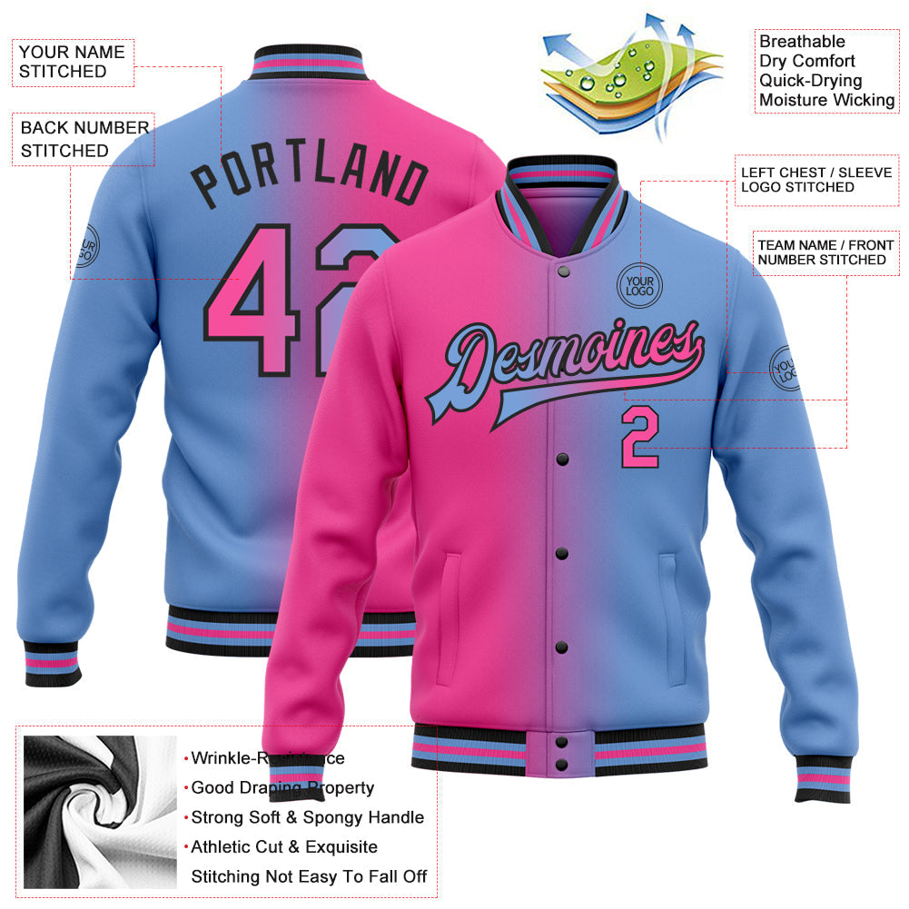 Custom Light Blue Pink-Black Bomber Full-Snap Varsity Letterman Gradient Fashion Jacket view 5
