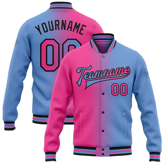 Custom Light Blue Pink-Black Bomber Full-Snap Varsity Letterman Gradient Fashion Jacket - Main View