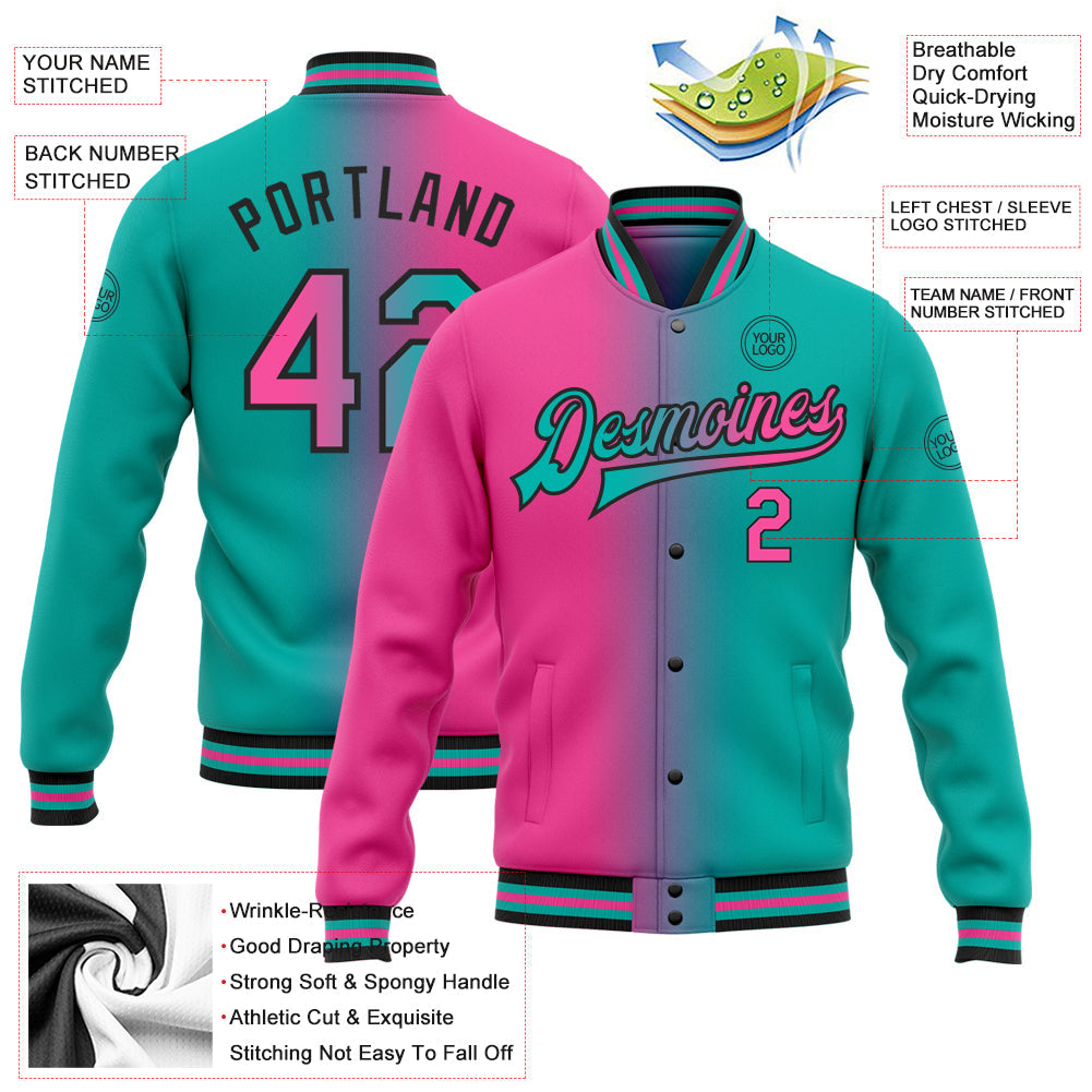 Custom Aqua Pink-Black Bomber Full-Snap Varsity Letterman Gradient Fashion Jacket view 5