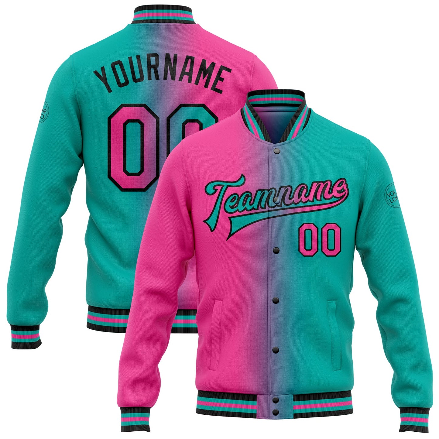 Custom Aqua Pink-Black Bomber Full-Snap Varsity Letterman Gradient Fashion Jacket - Main View