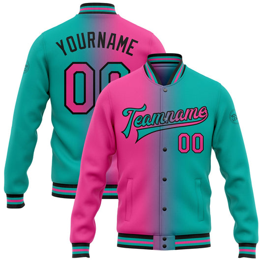 Custom Aqua Pink-Black Bomber Full-Snap Varsity Letterman Gradient Fashion Jacket - Main View