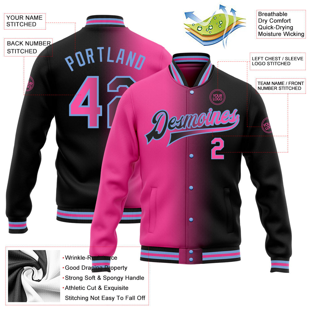 Custom Black Pink-Light Blue Bomber Full-Snap Varsity Letterman Gradient Fashion Jacket view 5