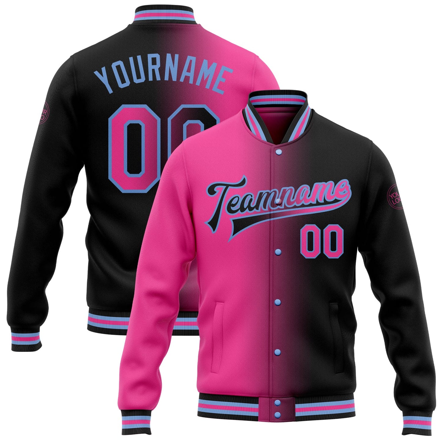 Custom Black Pink-Light Blue Bomber Full-Snap Varsity Letterman Gradient Fashion Jacket - Main View