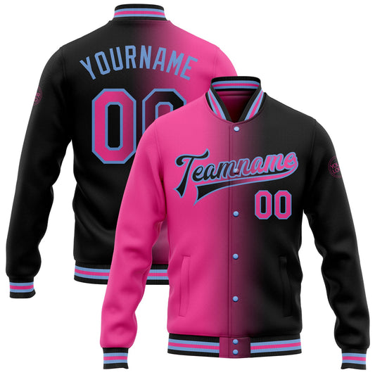 Custom Black Pink-Light Blue Bomber Full-Snap Varsity Letterman Gradient Fashion Jacket - Main View