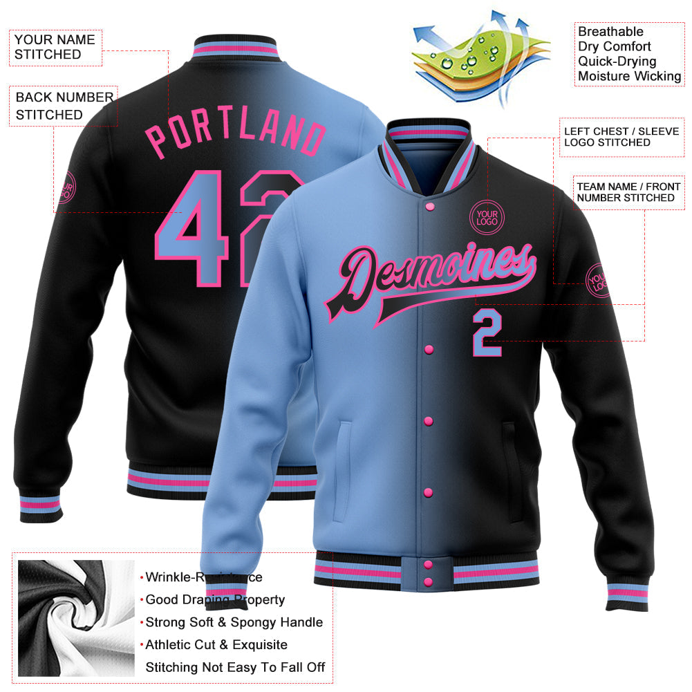 Custom Black Light Blue-Pink Bomber Full-Snap Varsity Letterman Gradient Fashion Jacket view 5