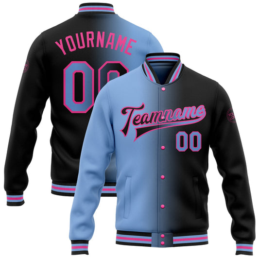 Custom Black Light Blue-Pink Bomber Full-Snap Varsity Letterman Gradient Fashion Jacket - Main View