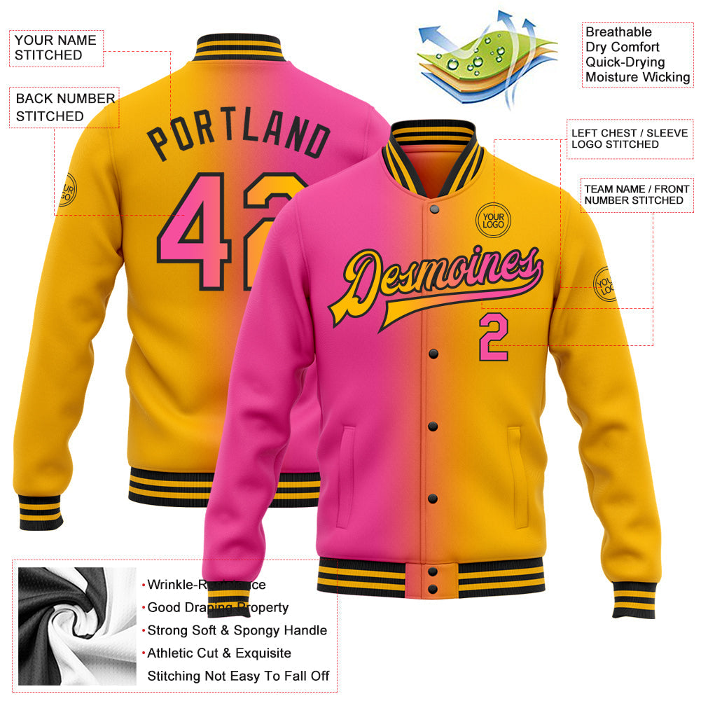 Custom Gold Pink-Black Bomber Full-Snap Varsity Letterman Gradient Fashion Jacket view 5
