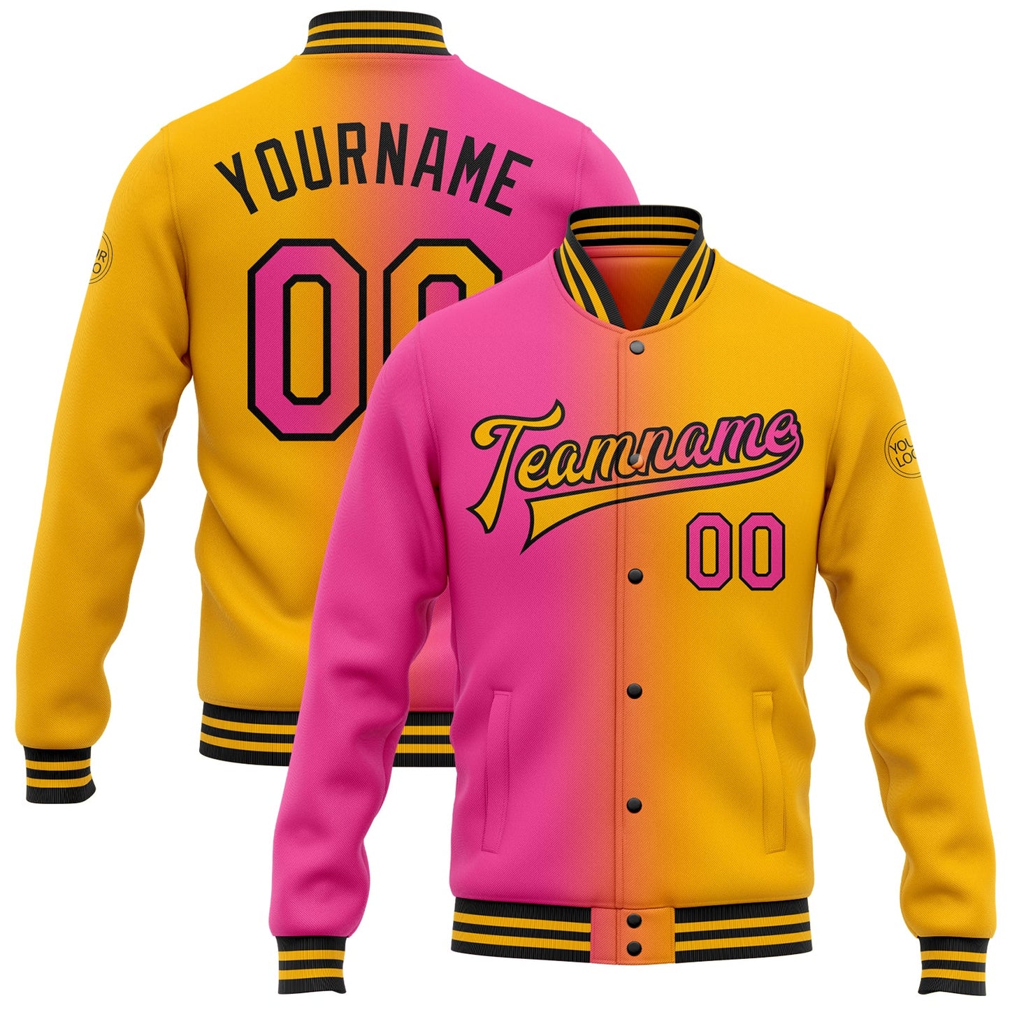 Custom Gold Pink-Black Bomber Full-Snap Varsity Letterman Gradient Fashion Jacket - Main View