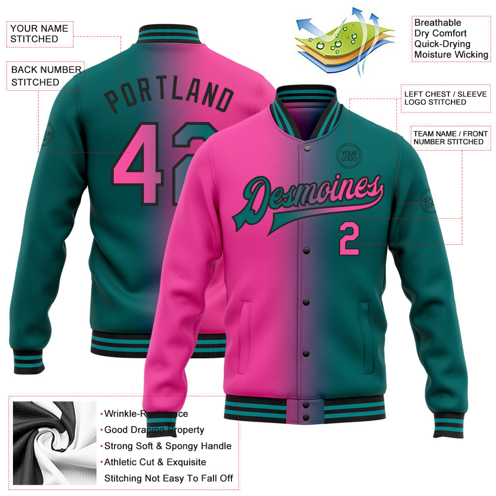 Custom Teal Pink-Black Bomber Full-Snap Varsity Letterman Gradient Fashion Jacket view 5