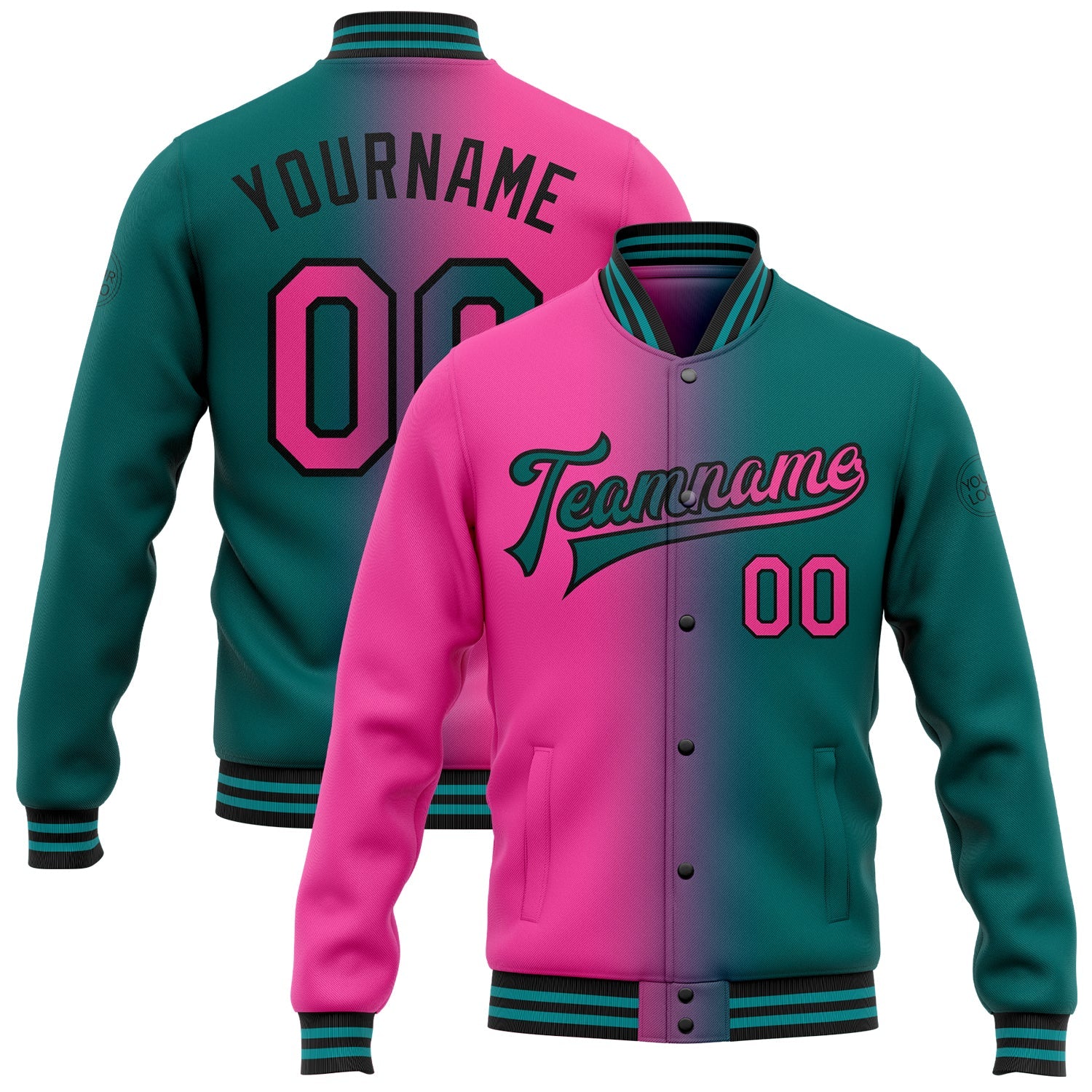 Custom Teal Pink-Black Bomber Full-Snap Varsity Letterman Gradient Fashion Jacket - Main View