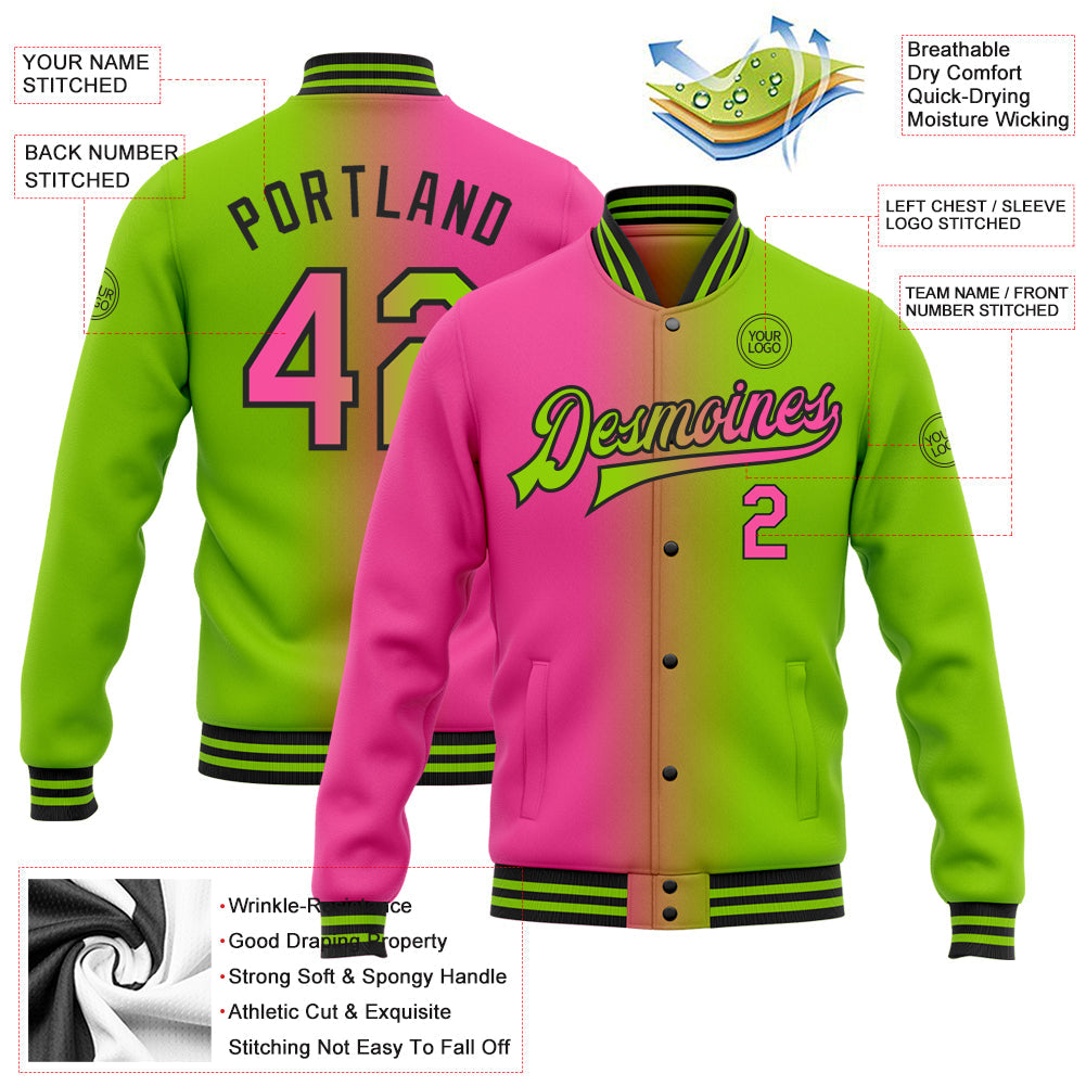 Custom Neon Green Pink-Black Bomber Full-Snap Varsity Letterman Gradient Fashion Jacket view 5