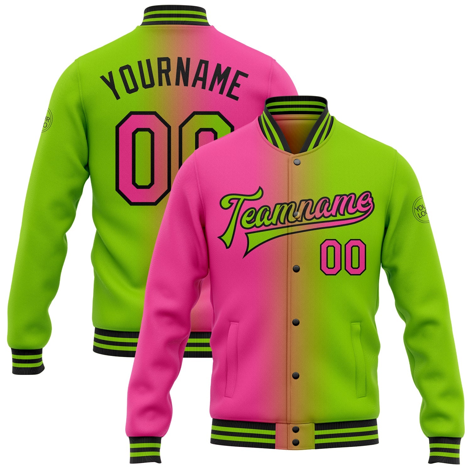 Custom Neon Green Pink-Black Bomber Full-Snap Varsity Letterman Gradient Fashion Jacket - Main View