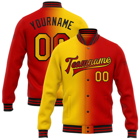Custom Red Yellow-Black Bomber Full-Snap Varsity Letterman Gradient Fashion Jacket - Main View