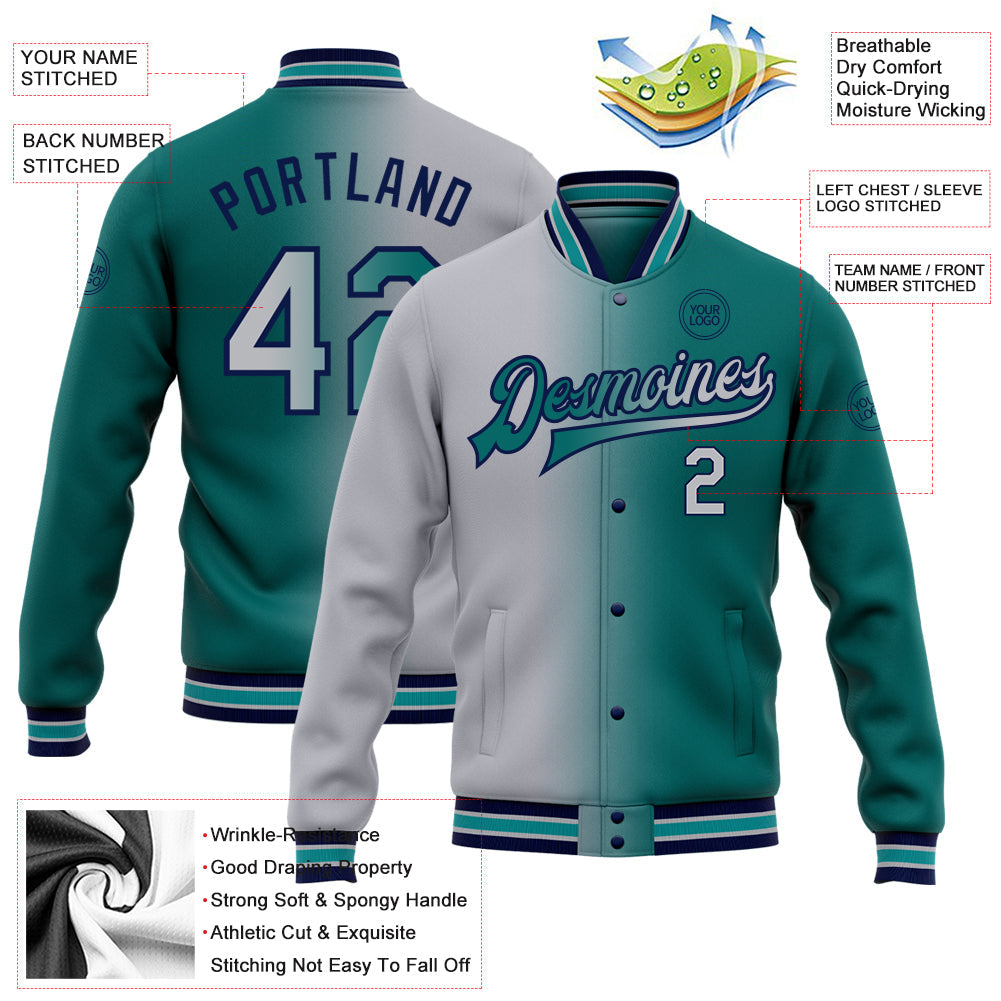 Custom Teal Gray-Navy Bomber Full-Snap Varsity Letterman Gradient Fashion Jacket view 5