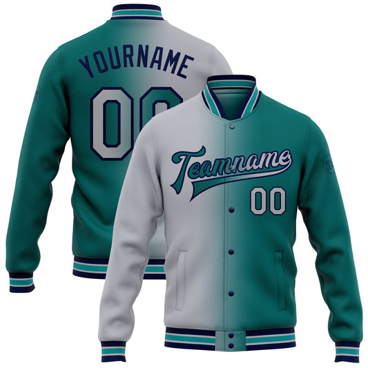 Custom Teal Gray-Navy Bomber Full-Snap Varsity Letterman Gradient Fashion Jacket - Main View