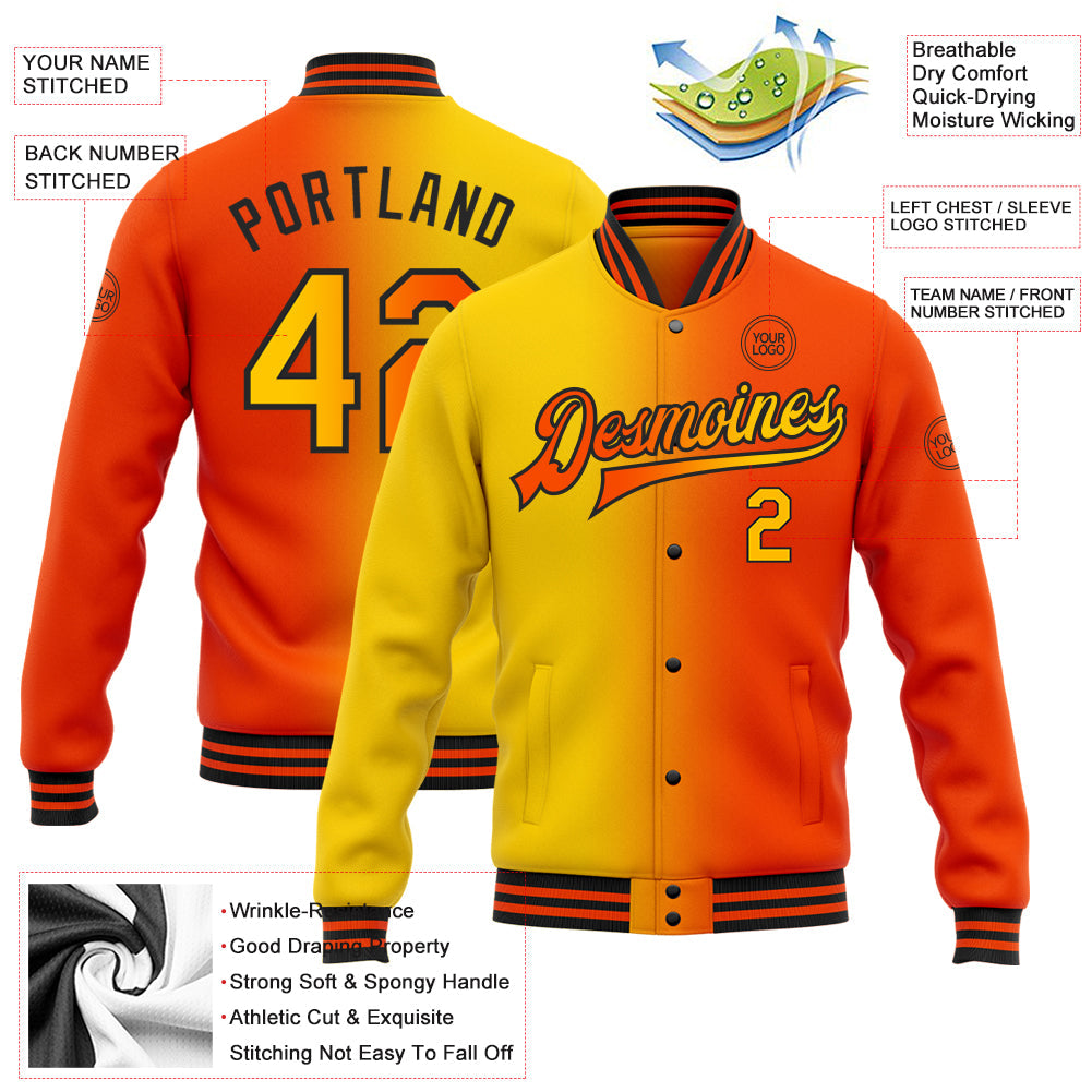 Custom Orange Yellow-Black Bomber Full-Snap Varsity Letterman Gradient Fashion Jacket view 5
