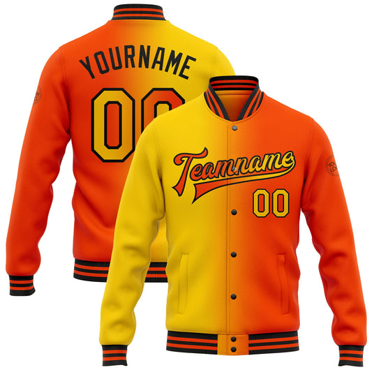 Custom Orange Yellow-Black Bomber Full-Snap Varsity Letterman Gradient Fashion Jacket - Main View
