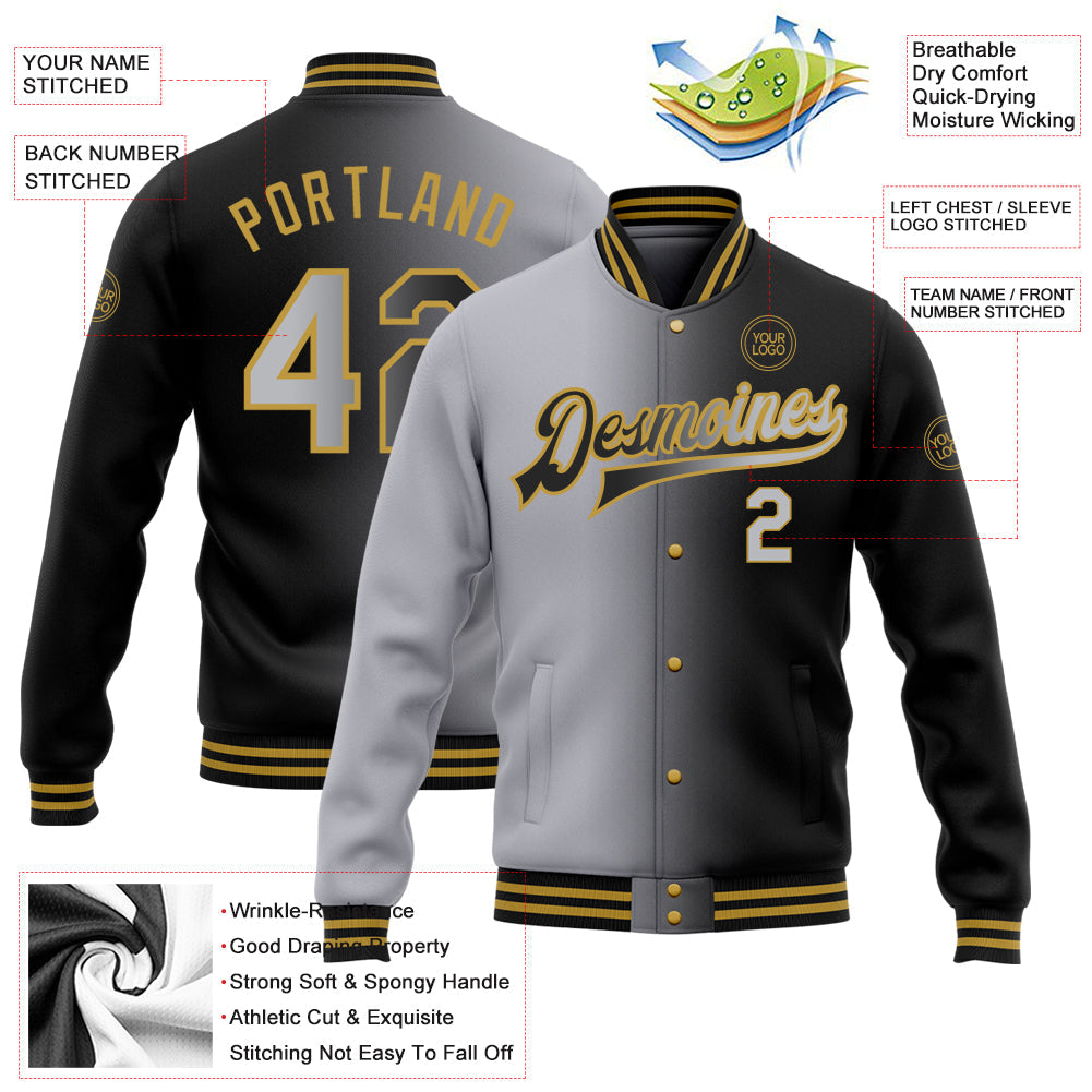 Custom Black Gray-Old Gold Bomber Full-Snap Varsity Letterman Gradient Fashion Jacket view 5