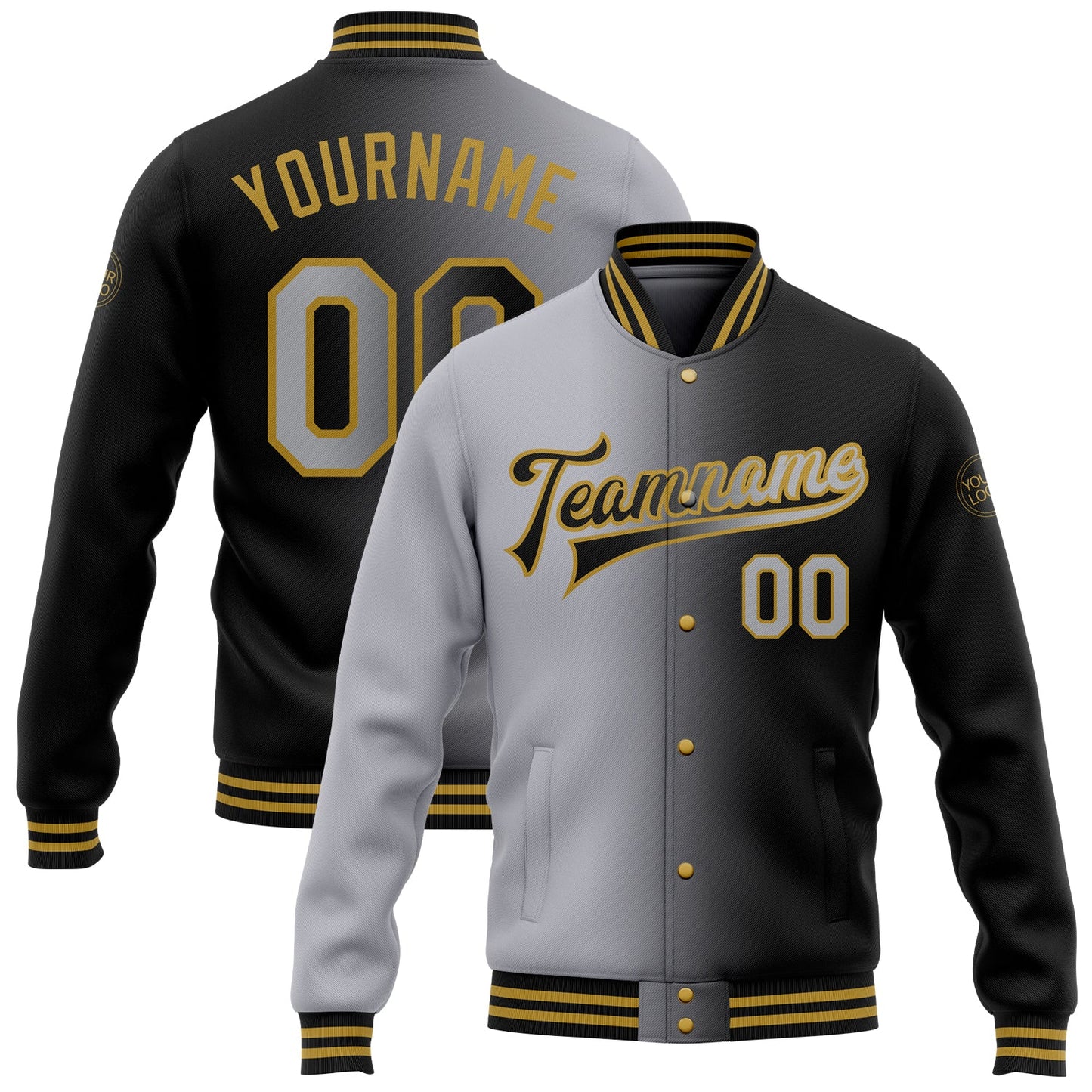 Custom Black Gray-Old Gold Bomber Full-Snap Varsity Letterman Gradient Fashion Jacket - Main View
