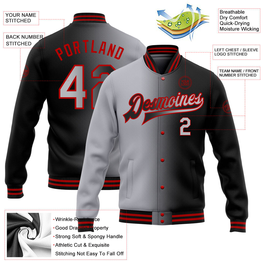 Custom Black Gray-Red Bomber Full-Snap Varsity Letterman Gradient Fashion Jacket view 5
