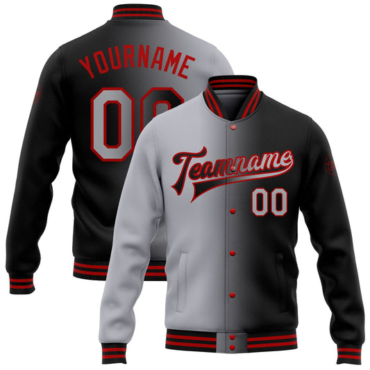 Custom Black Gray-Red Bomber Full-Snap Varsity Letterman Gradient Fashion Jacket - Main View