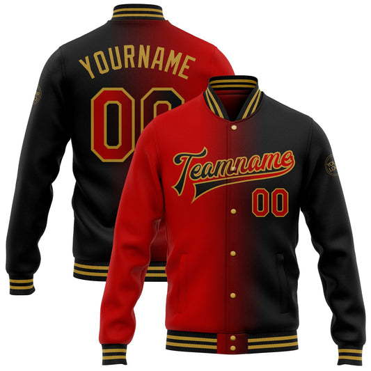 Custom Black Red-Old Gold Bomber Full-Snap Varsity Letterman Gradient Fashion Jacket - Main View