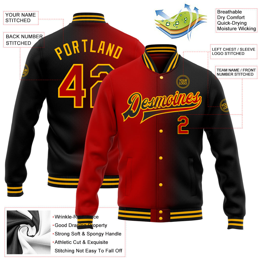 Custom Black Red-Gold Bomber Full-Snap Varsity Letterman Gradient Fashion Jacket view 5