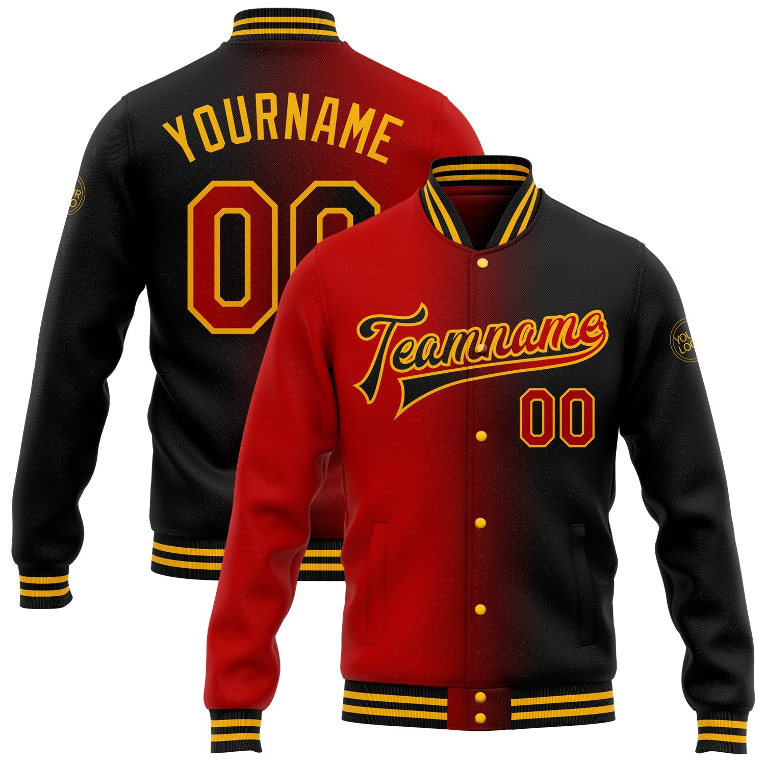 Custom Black Red-Gold Bomber Full-Snap Varsity Letterman Gradient Fashion Jacket - Main View