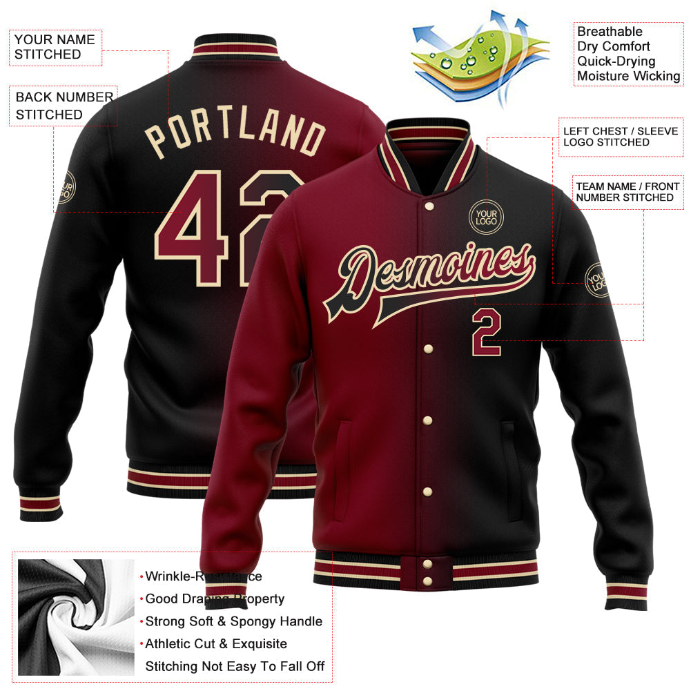 Custom Black Crimson-City Cream Bomber Full-Snap Varsity Letterman Gradient Fashion Jacket view 5